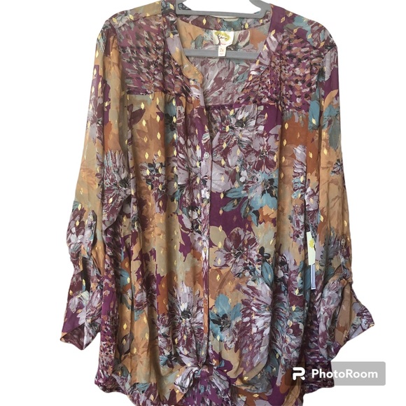 Anthropologie Fig & Flower Mixed Media Floral Button Front Semi Sheer Boho Plus - Picture 4 of 16